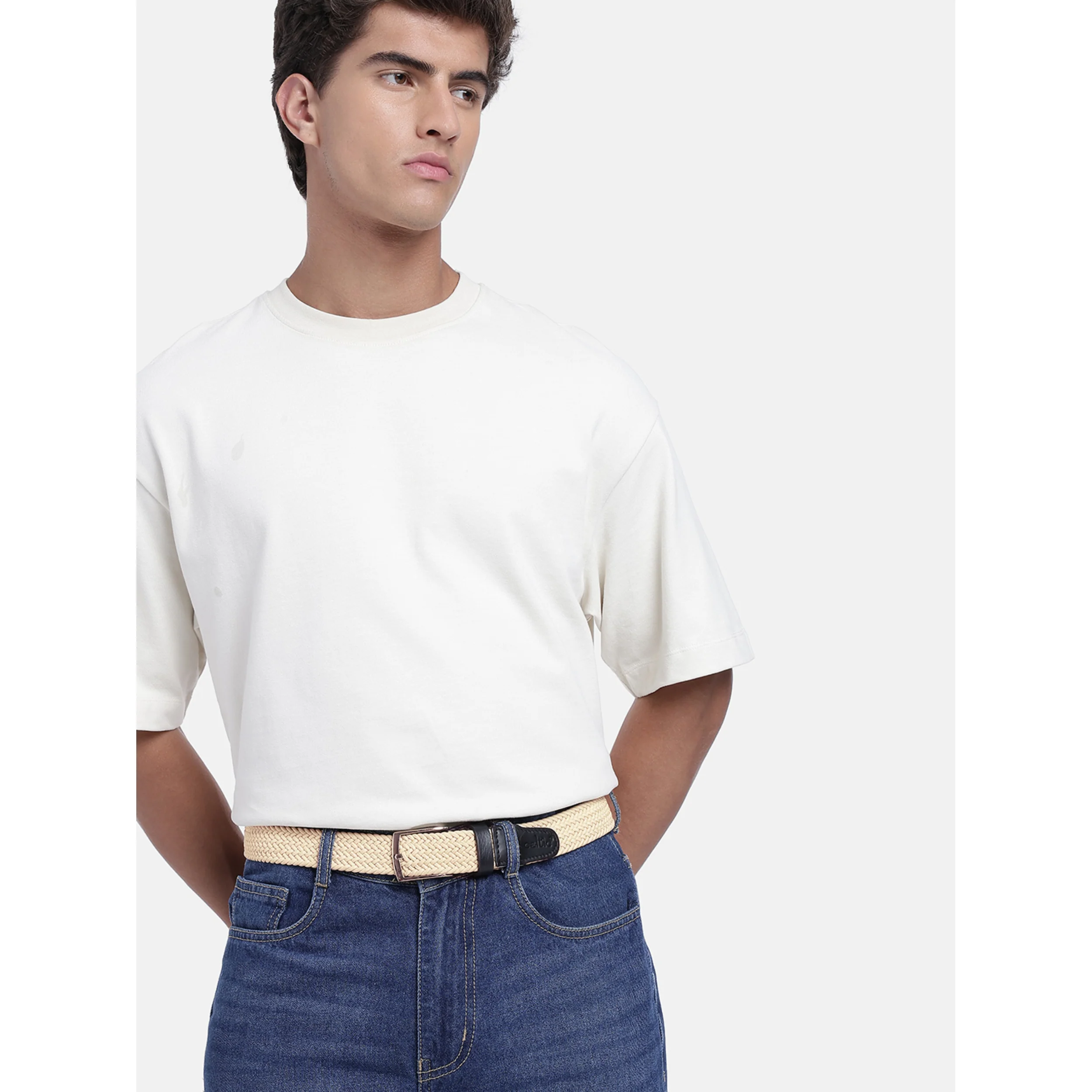 Unisex Woven Beige Belt With Black Leather Tip Silver Buckle Casual Formal Wear - Image 3