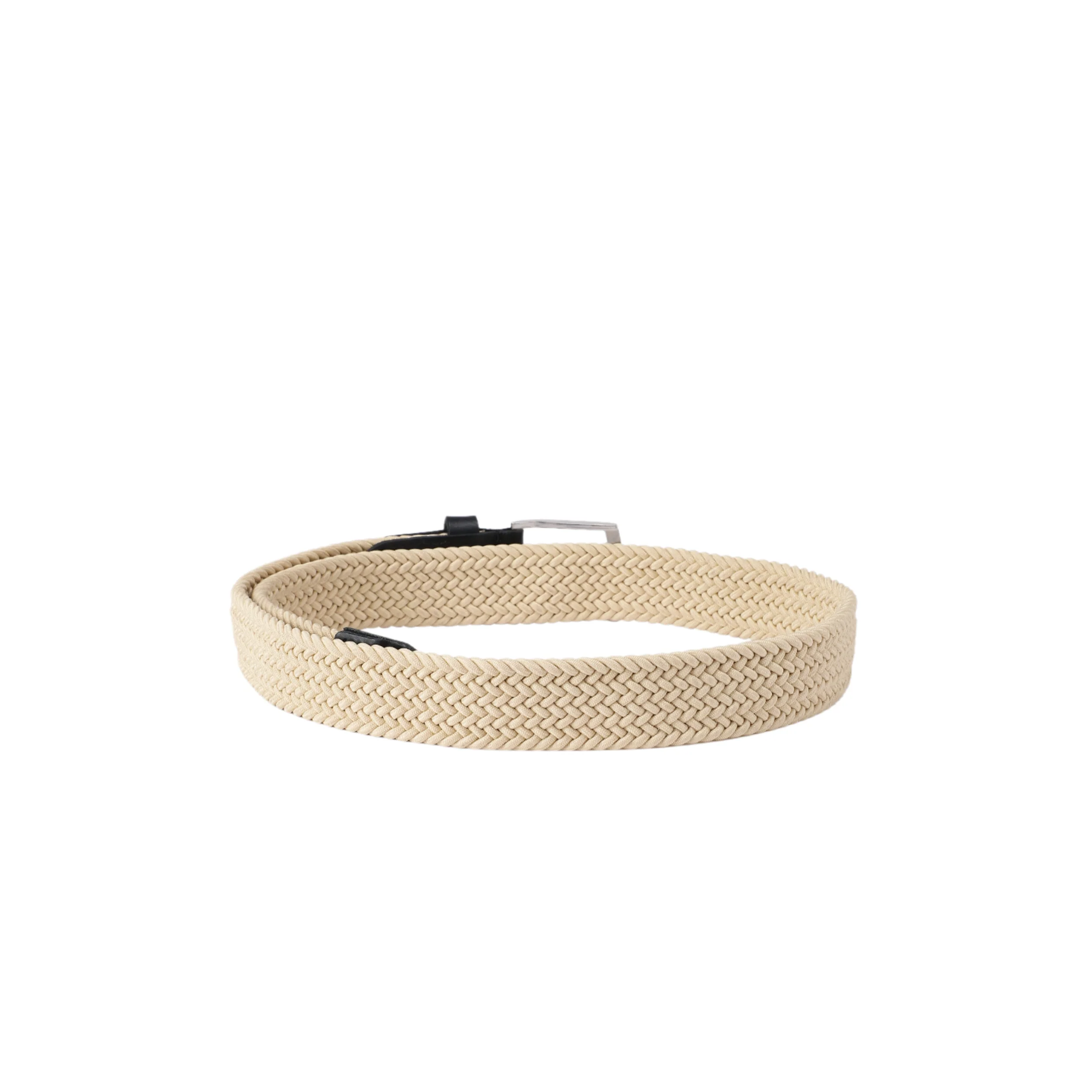 Unisex Woven Beige Belt With Black Leather Tip Silver Buckle Casual Formal Wear - Image 4