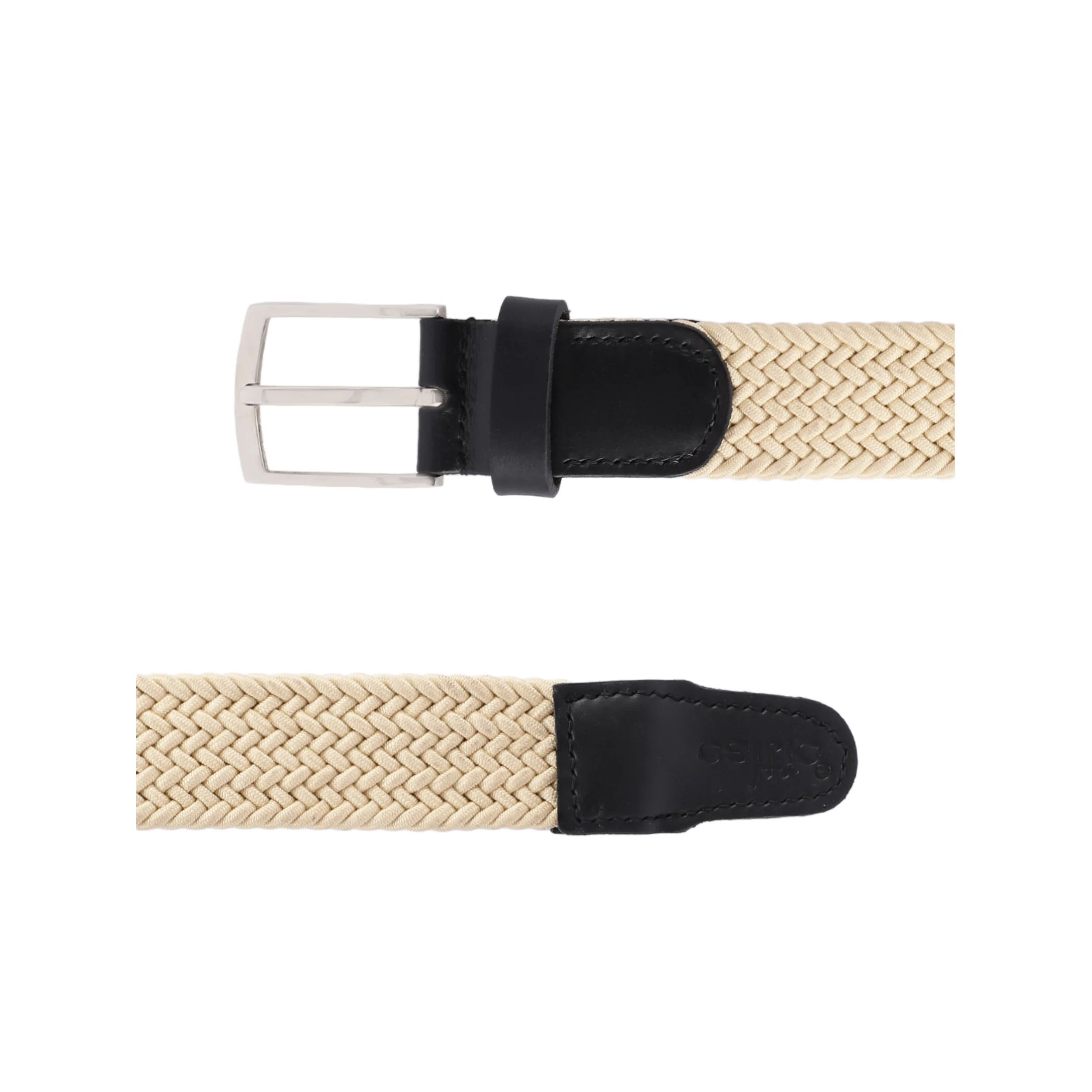 Unisex Woven Beige Belt With Black Leather Tip Silver Buckle Casual Formal Wear - Image 5