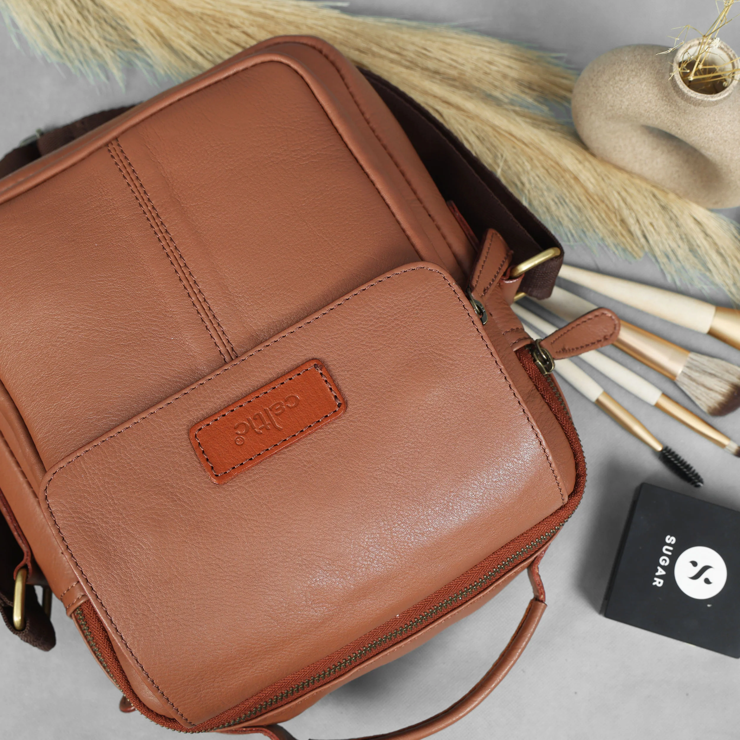 Unisex Leather Crossbody Sling Bag with Front Flap Pocket & Adjustable Strap - Image 20