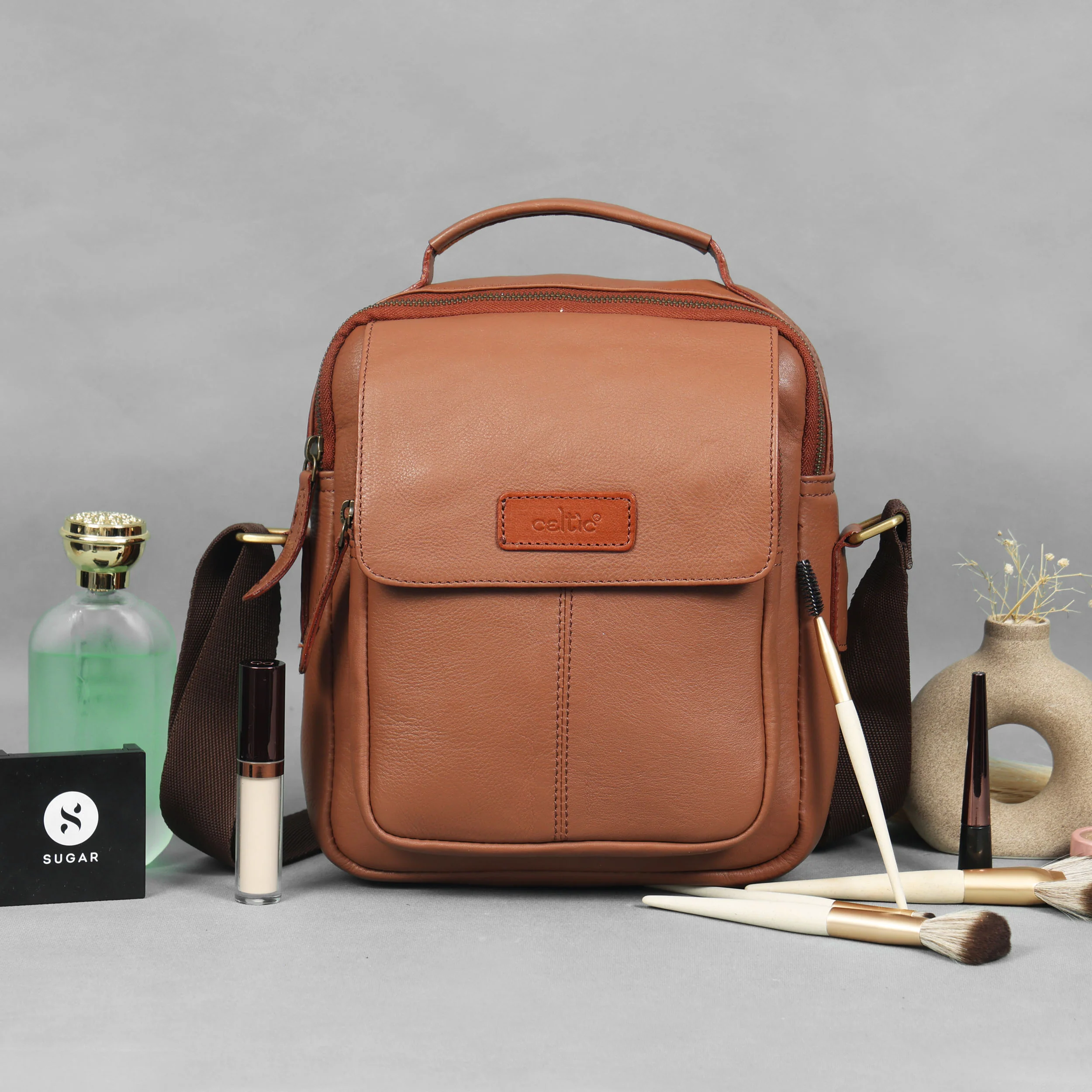 Unisex Leather Crossbody Sling Bag with Front Flap Pocket & Adjustable Strap - Image 6