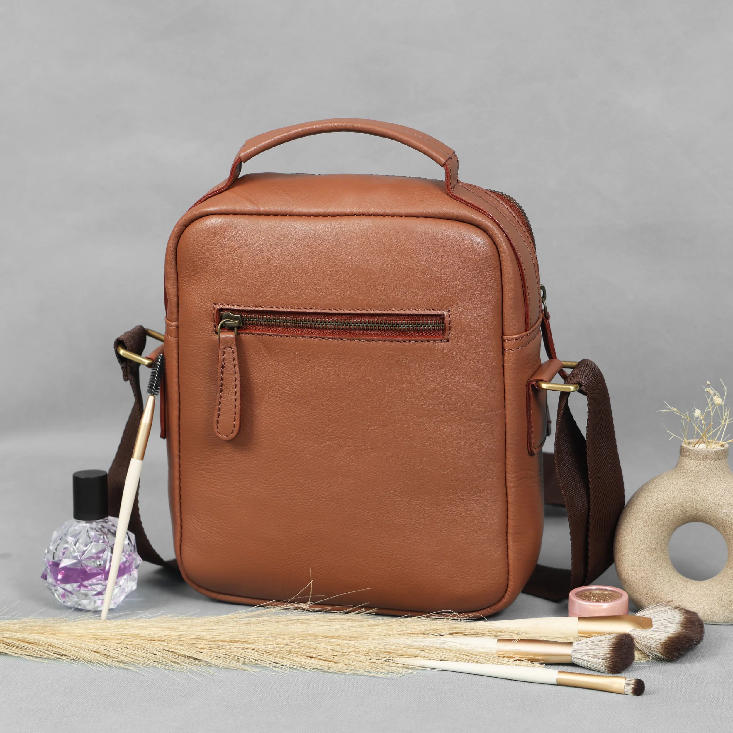 Unisex Leather Crossbody Sling Bag with Front Flap Pocket & Adjustable Strap - Image 7
