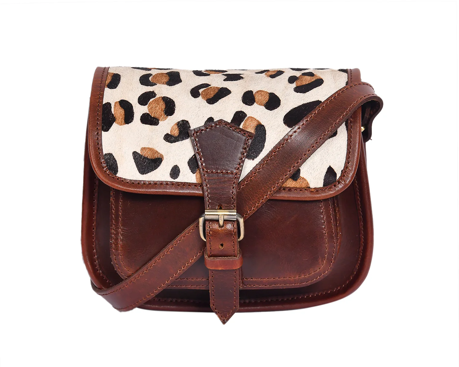 Women's Leather Crossbody Bag with Hair-On Flap Adjustable Strap
