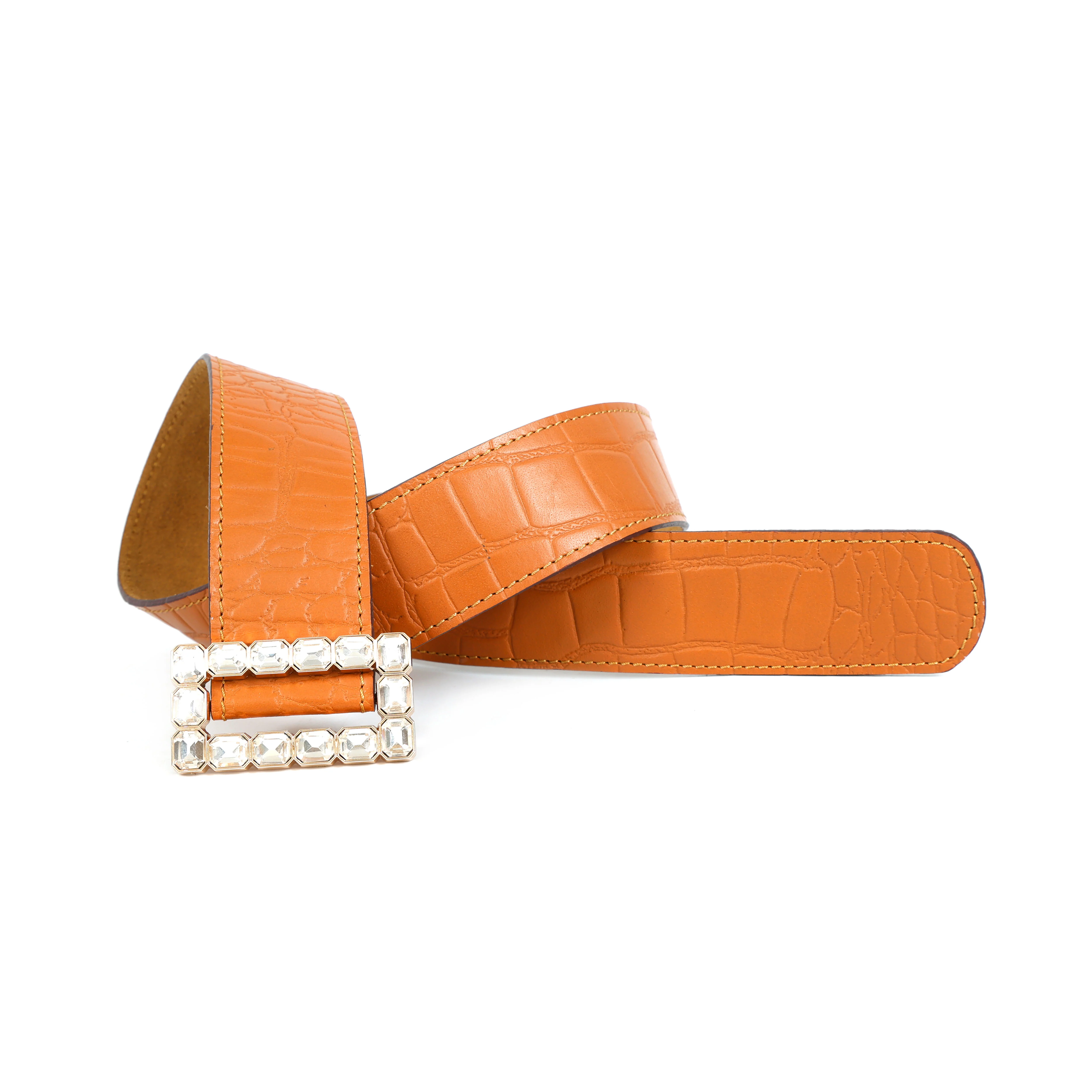 Orange Croc Texture Statement Belt With Crystal Buckle For Women Fashion Wear - Image 2