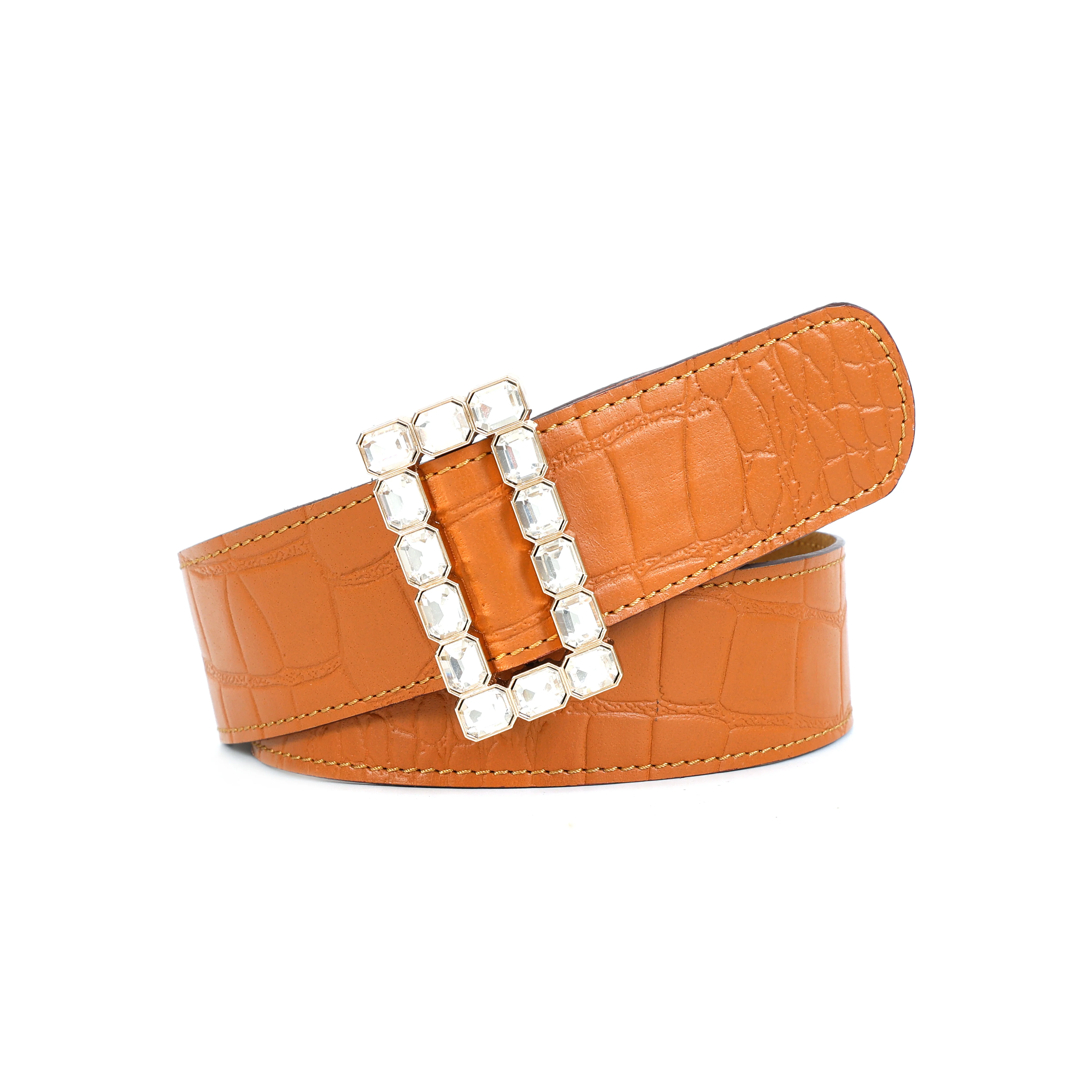 Orange Croc Texture Statement Belt With Crystal Buckle For Women Fashion Wear - Image 3