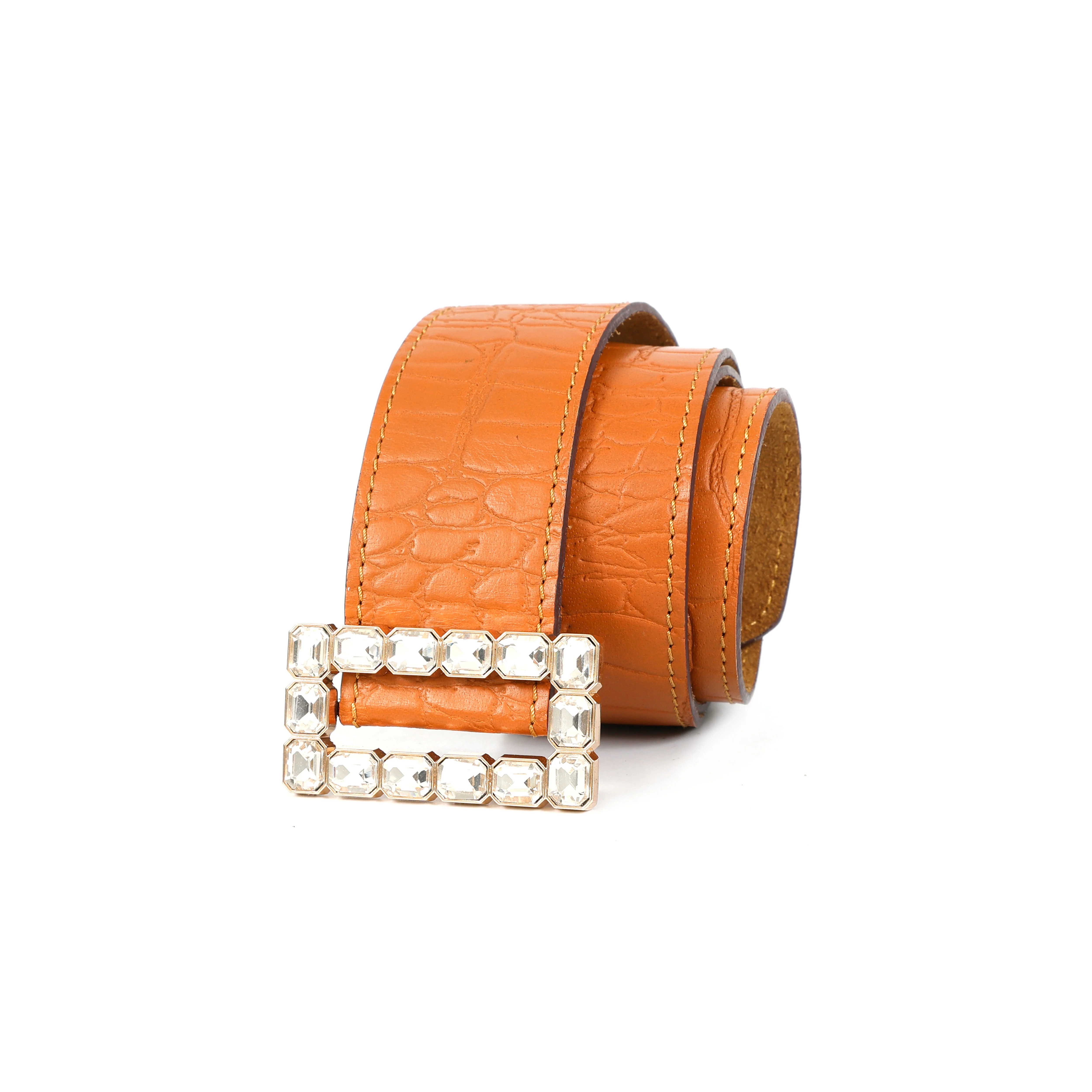 Orange Croc Texture Statement Belt With Crystal Buckle For Women Fashion Wear - Image 4